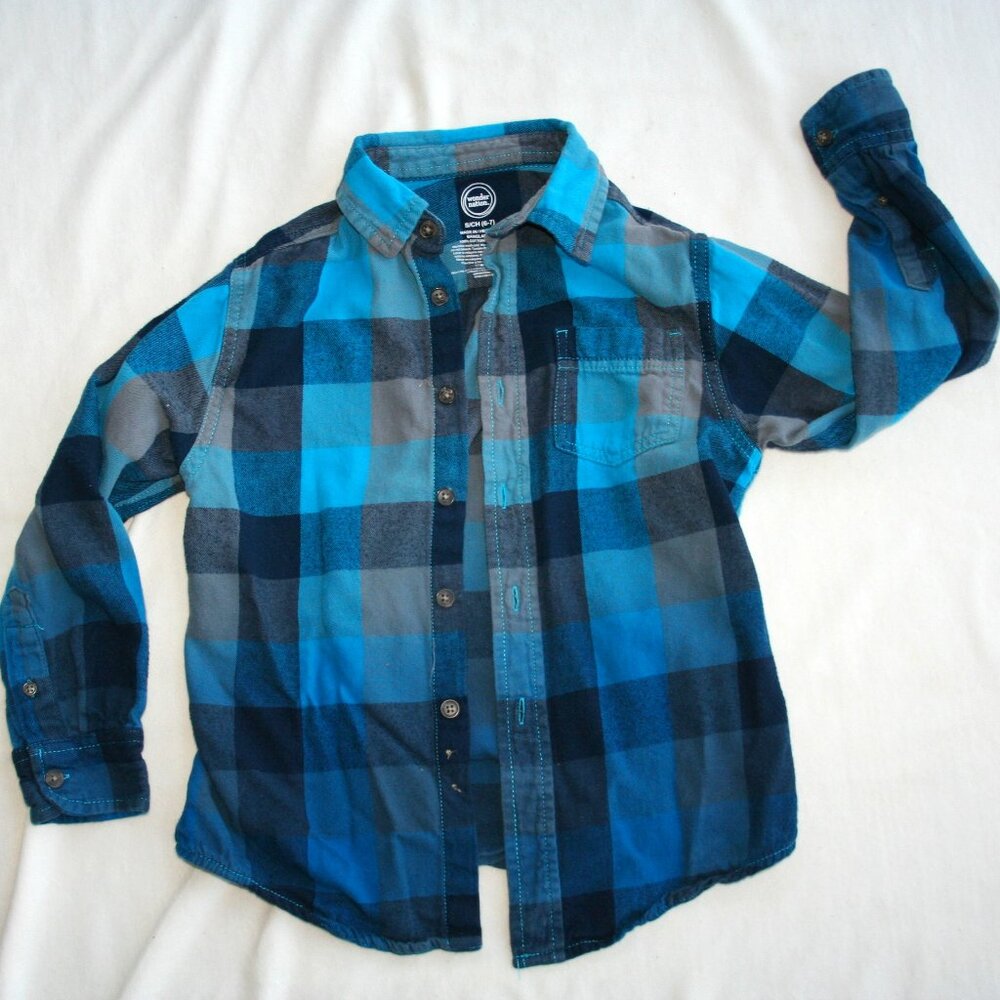 TEAL CHECKER FLANNEL SHIRT BOYS 6 7 KIDS BUTTON DOWN TOP BLUE OMBRE EUC